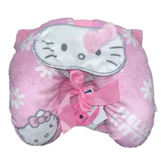Hello Kitty Pink 3 Piece Snuggle Travel Set Mask Pillow Throw Soft & Cozy - Picture 1 of 2